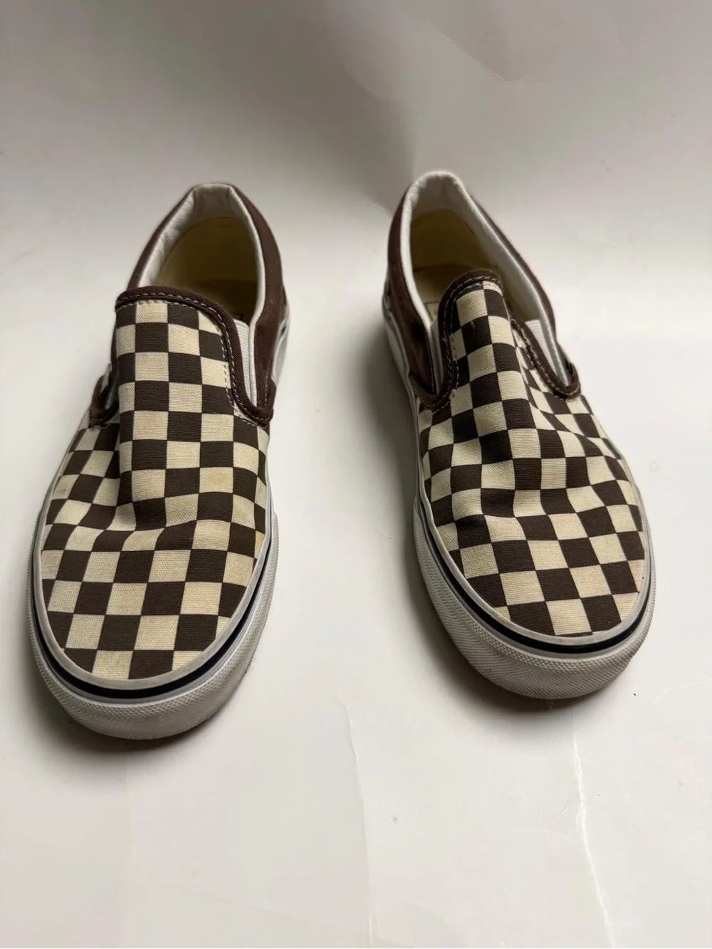 Vans Kids Brown and Cream Checkerboard Slip-On Sneakers